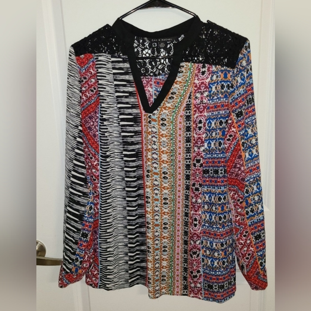 Zac and Rachel colorful blouse with lace shoulder detail